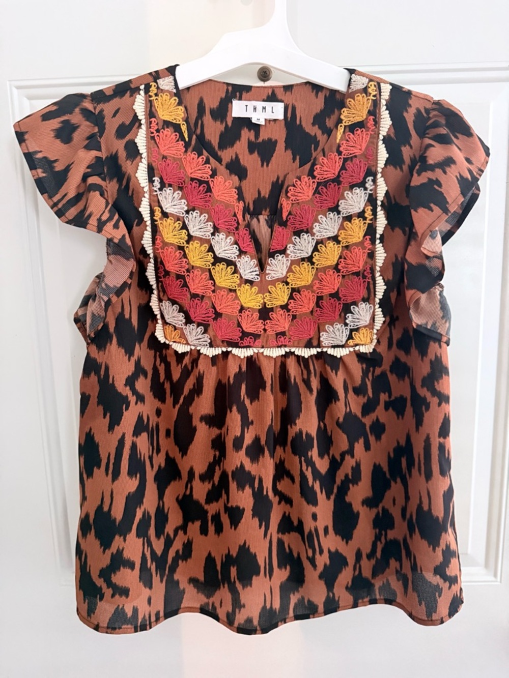THML Brown & Black Leopard Print Top with Red Coral Embroidery